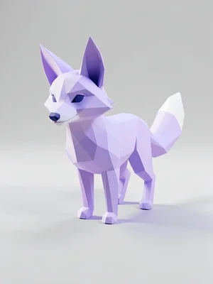Lavender lowpoly fox standing alert in a clearing, ears pricked, tail low, singl