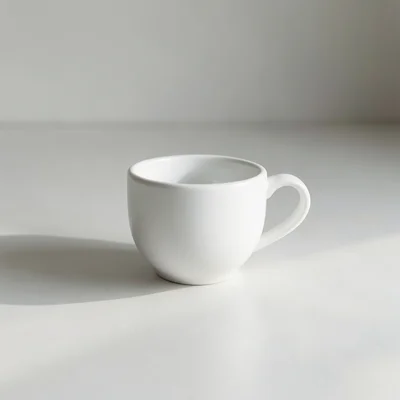 Minimalist photography of a single white coffee cup on a clean matte surface, soft natural window light, gentle shadow, 