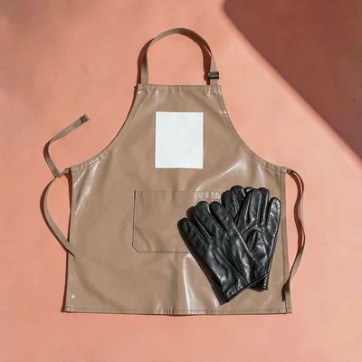 Tomas-blockcolor flatlay of a waxed apron and leather gloves on flat coral paper