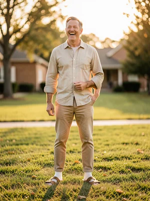Father wearing socks with sandals proudly, suburban lawn, self-aware humor
