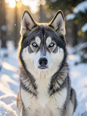 Husky with striking blue eyes in a snowy forest, snowflakes on fur