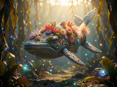 Whale covered in coral and sea anemones swimming through a kelp forest, biolumin