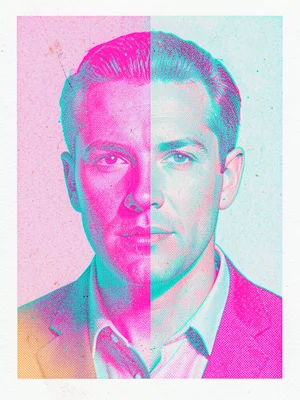 Risograph portrait in fluorescent pink and teal, heavy misregistration creating 