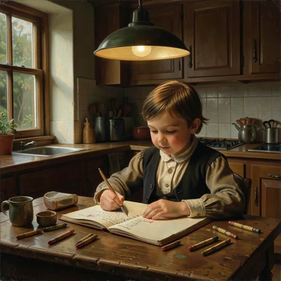 A child doing homework at a kitchen table, crayons scattered, the assignment hal