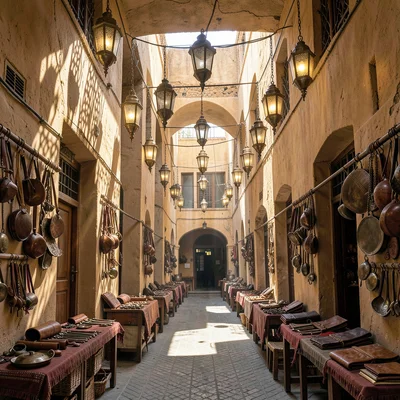 Fes medina light penetration, souk depth, brass lanterns hanging in rows, each c
