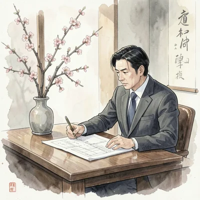An architect reviewing blueprints at a sleek desk with cherry blossom branches i