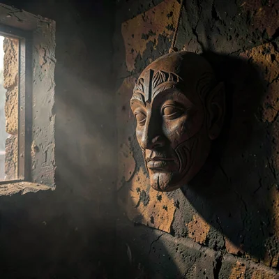 Dense atmospheric mist, rich earthy textures, A wooden mask hanging on a rough-h
