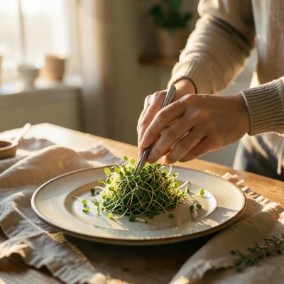 Fingers arranging microgreens on a plated dish with tweezers