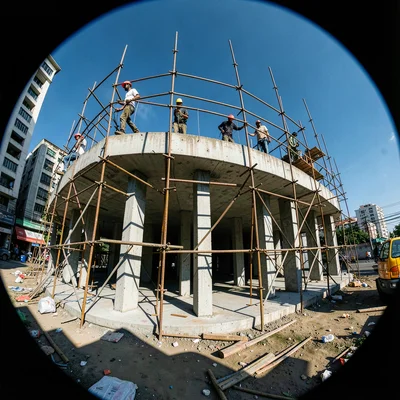 Harsh equatorial noon light casting deep shadows, Construction site workers on s