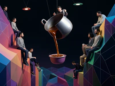 Cafe where coffee pours sideways from pot, hangs in air, people sitting on walls
