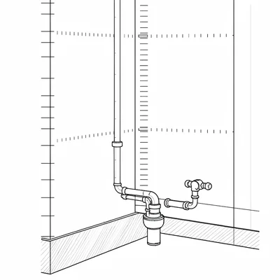 Drafting-style cutaway of a vanity rough-in with supply lines, P-trap and shutof