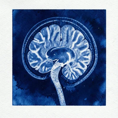 MRI cross-section visualization of a human brain, blue and white contrast