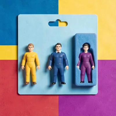 Catalog flat of a starter collector pack — three figurines in fitted foam
