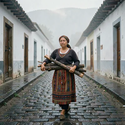 Documentary photograph with Guatemalan highland aesthetic, Woman carrying firewo