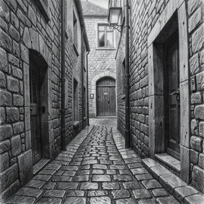 Vertical charcoal scene of a winding cobblestone alley descending toward a hidde