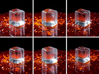 Ice cube melting sequence on hot surface, five stages, studio lighting