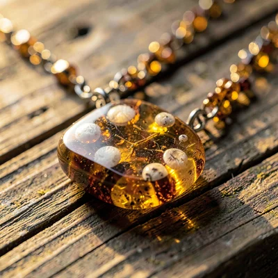 Baltic amber luminescence, backlit golden-brown, Amber necklace displayed on age