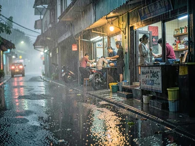 Rain backlit by shop light