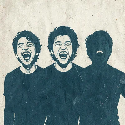 Two-color screenprint poster of three silhouettes in a row mid-laugh, deep teal 