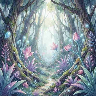 Environment lookdev of an alien jungle with bioluminescent flora, painterly tone