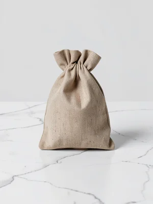 Linen pouch centered on white marble