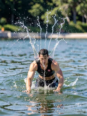 Diver at exact moment of water entry, crown of droplets suspended