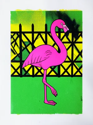 A flamingo lawn ornament in fluorescent pink standing on one leg, on a lawn of f
