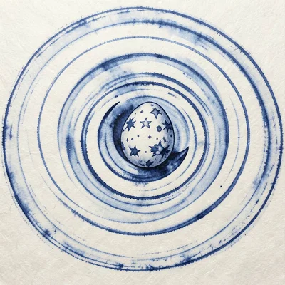 A crescent moon cradling a decorated egg, both rendered in floating ink patterns