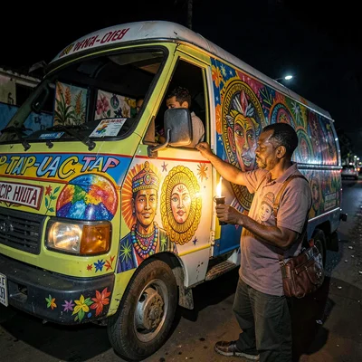 Resilient color in Port-au-Prince, Haiti, Tap-tap driver hand-painting his truck