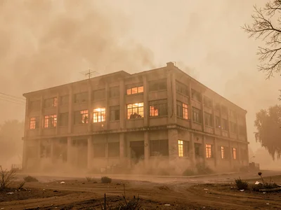 Building with lights on rendered spectral by dust
