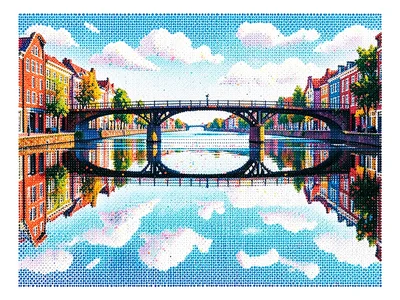 Canal reflection — bridge and sky above the waterline, their inversion below in 