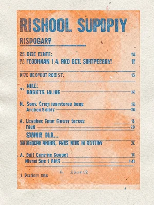 Risograph-printed school supply list in two colors, orange and blue ink