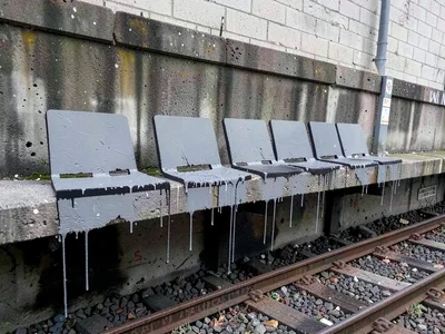 Row of empty chairs stencilled on a railway bridge support, flat grey paint on c