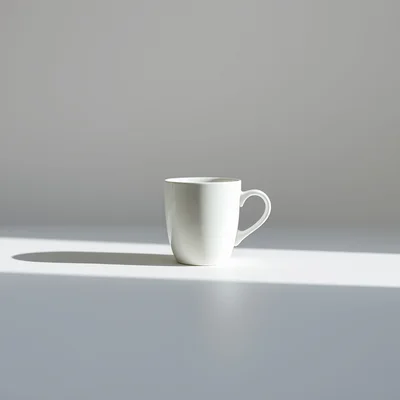 Minimalist studio photograph of a single white coffee cup centered on a clean matte surface, soft natural window light, 
