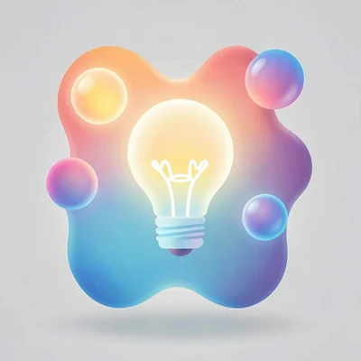 Organic blob gradient illustration, lightbulb with idea orbs floating around , s