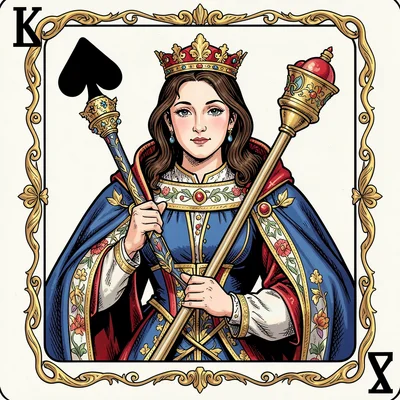 Playing card face illustration, Queen of Spades, elegant queen holding scepter ,
