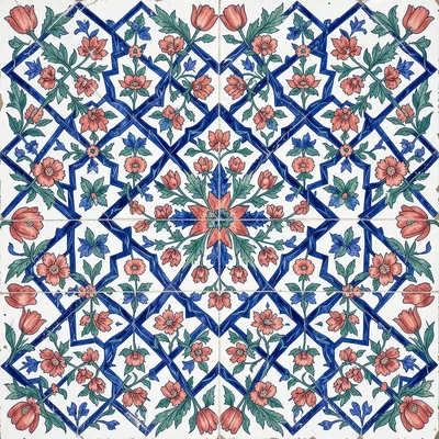 Repeating interlocking star and cross pattern with floral fill in each star