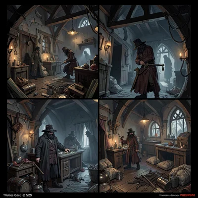 Video game concept art illustration, a thieves guild hideout, shadowy figures an