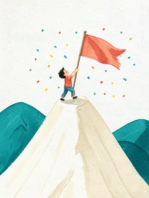 Stretching upward, a small figure plants a coral flag on a slightly out-of-reach