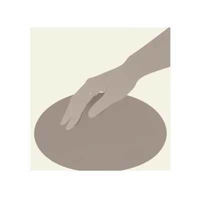 Block-color square of a stylized hand resting on a smooth oval shape, taupe and 