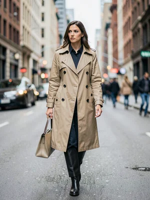 Fashion model in trench coat walking urban street