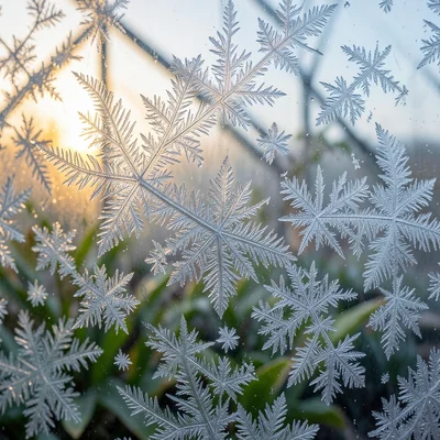 Thick ice crystals on a greenhouse pane, the green plants visible but distorted 