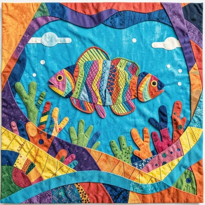 Panamanian mola textile illustration, tropical fish in a underwater scene with l