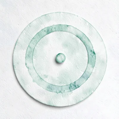 abstract three nested concentric arcs with a small mint dot at the center, soft