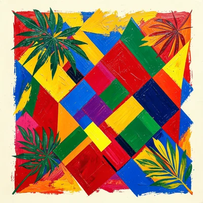 Bold geometric shapes overlapping in primary colors on a cream background