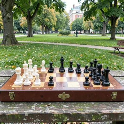 Chess game in park, only board in focus, players long gone