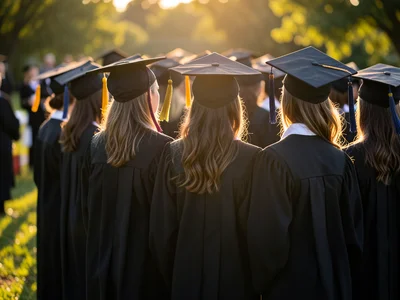 Row of graduates in caps and gowns from behind, tassels swaying, outdoor ceremon