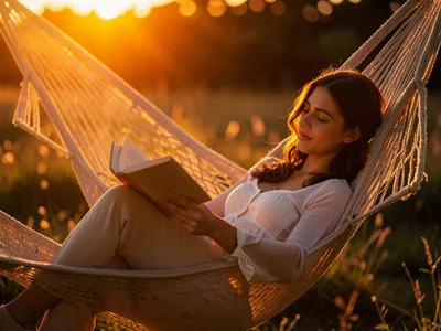 Woman in hammock with book