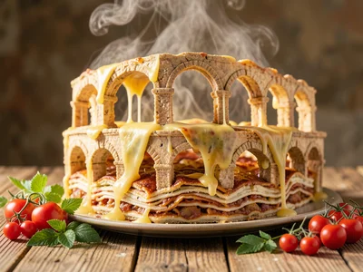 Colosseum made of layered lasagna, cheese dripping from arches, steam rising