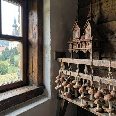 Maramures wooden craft, hand-carved church detail, Mushrooms drying on wooden ra
